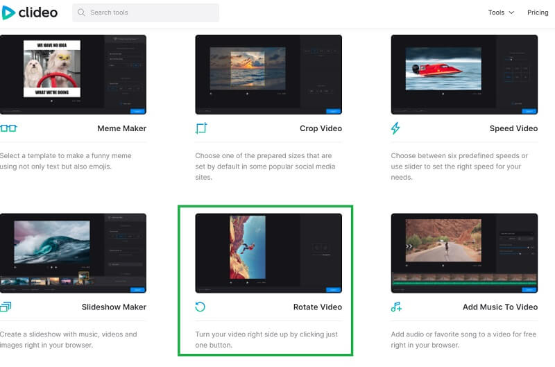 Clideo-Funktion „Video drehen“