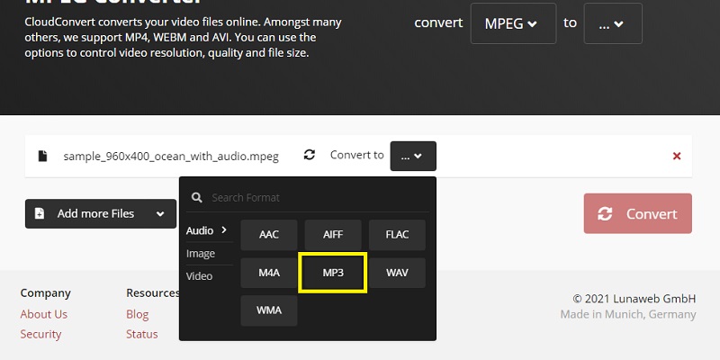 Cloud Convert Ausgabe auswählen MPEG in MP3