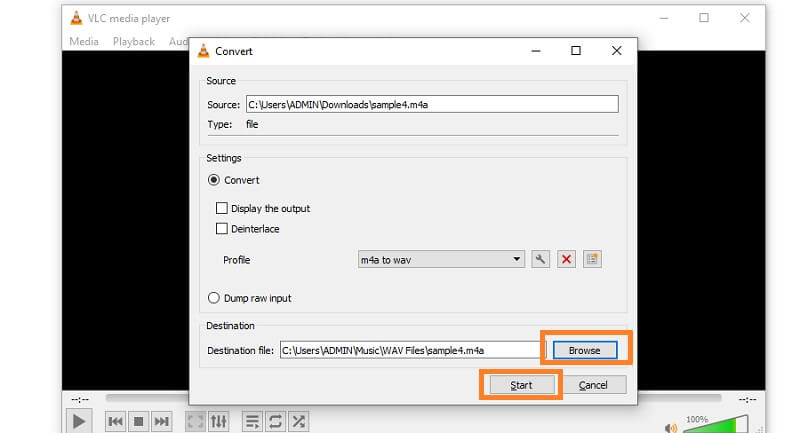 VLC Konvertierung starten auswählen M4A zu WAV