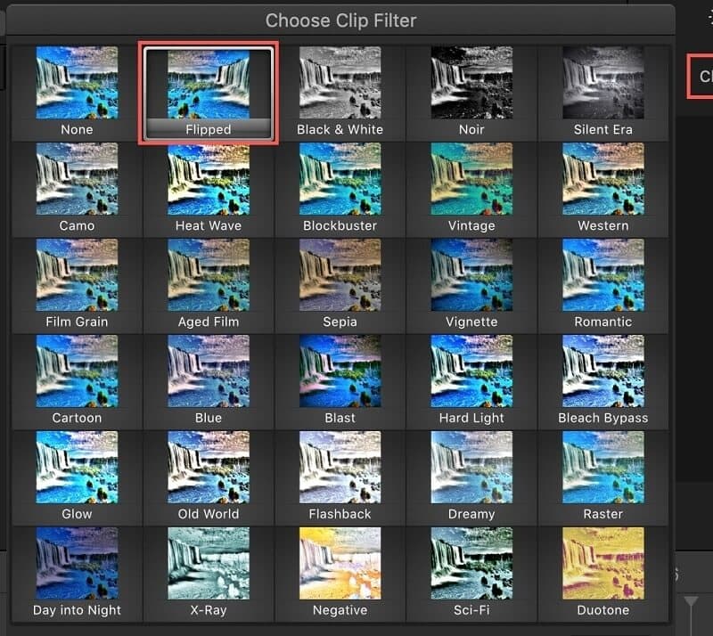 iMovie Clipfilter „Flipped“ auswählen