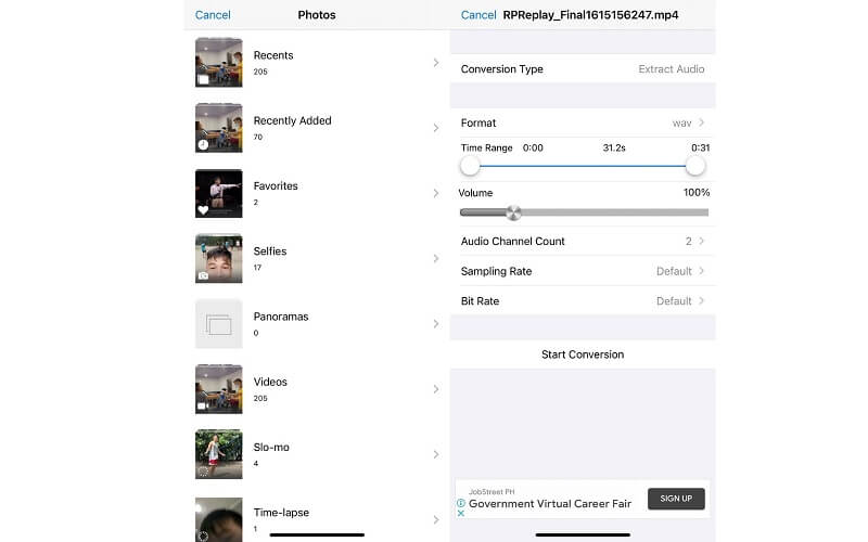 Mobile Oberfläche von Media Converter