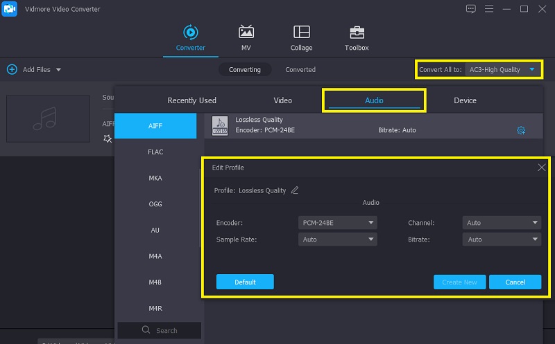 Vidmore AIFF‑Format auswählen Profil bearbeiten
