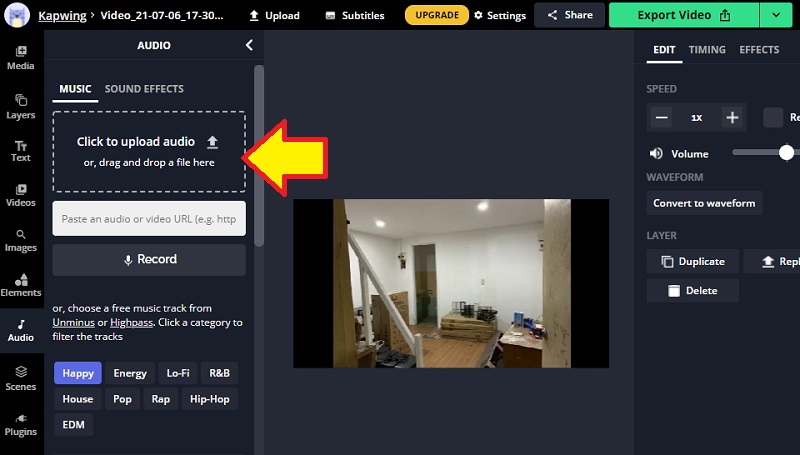 Kapwing Ausgewählte Audiodatei hinzufügen