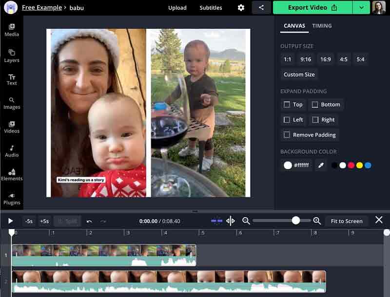 Videos nebeneinander stellen mit Kapwing