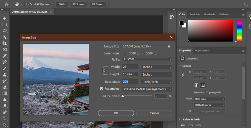 Abmessungen und Auflösung bearbeiten
