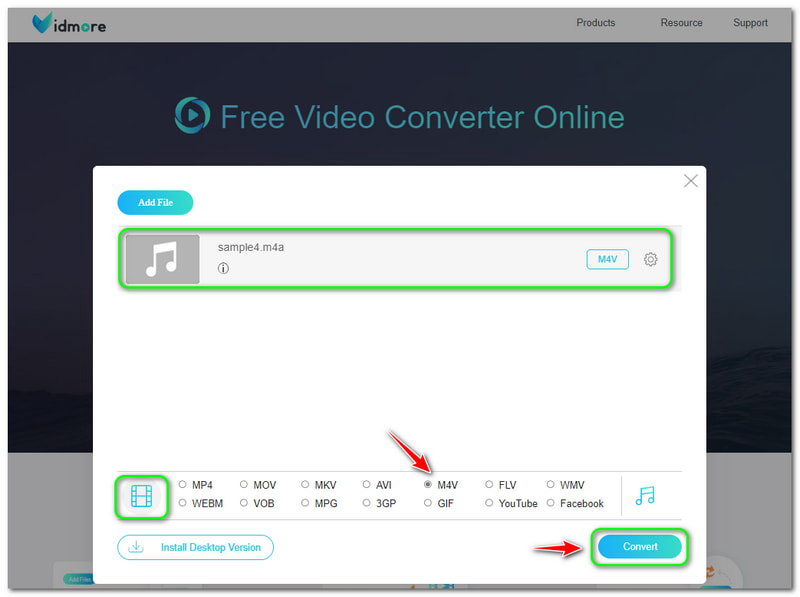M4A zu M4V Vidmore Free Video Converter Online Convert-Schaltfläche