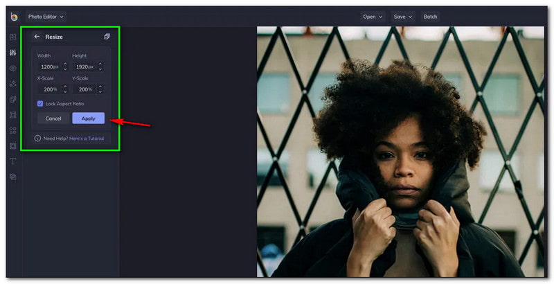 Bilder vergrößern BeFunky Größe ändern und Anwenden-Schaltfläche