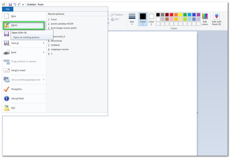Bilder vergrößern Paint Öffnen-Schaltfläche