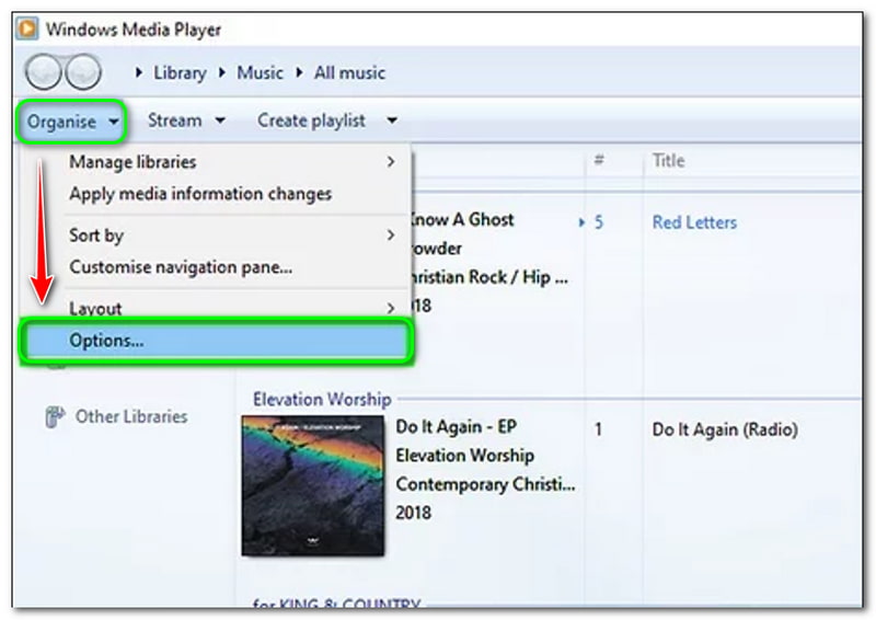 MP3 zu WMV Windows Media Player Organisieren Optionen