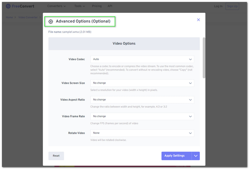 WMA zu AVI Kostenlos konvertieren Erweiterte Optionen (optional)
