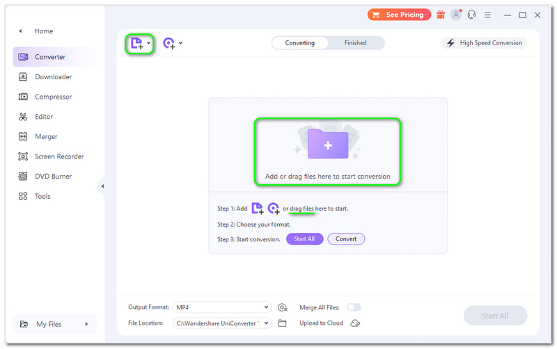 WMA zu WMV Wondershare UniConverter Konverter Symbol „Dateien hinzufügen“ 