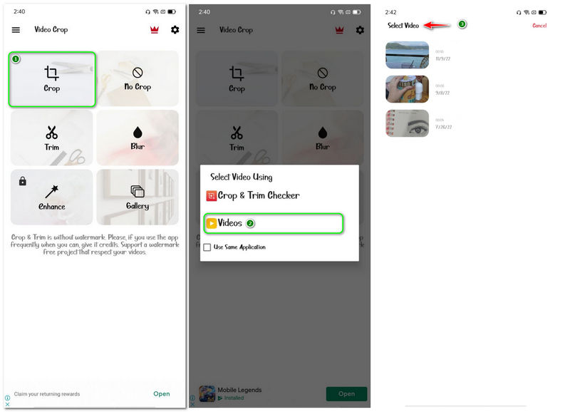 Wie man Videos für Instagram auf einem Android‑Gerät mit der Schaltfläche Videos und Videoauswahl skaliert