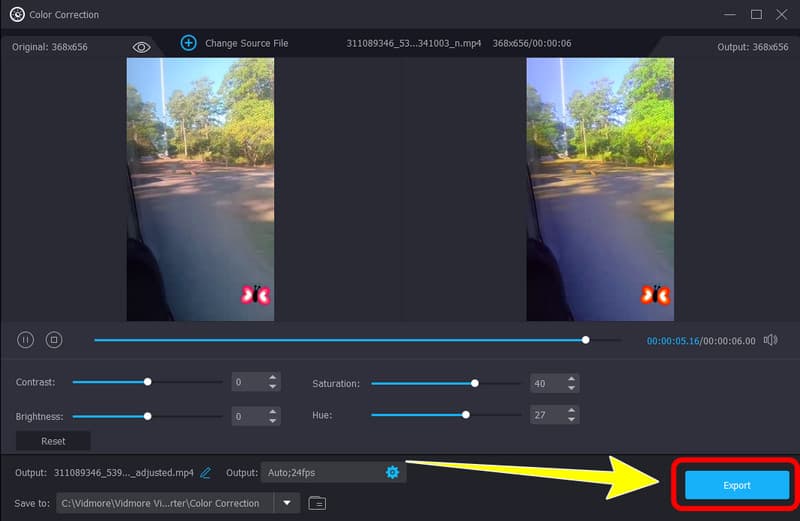 Exportiertes Video mit geändertem Farbton und geänderter Sättigung