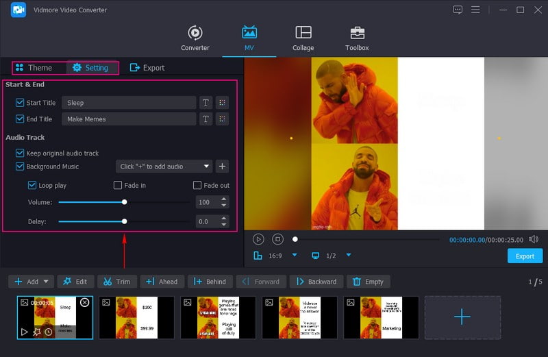 Fügen Sie Thema, Text und Hintergrundmusik hinzu.