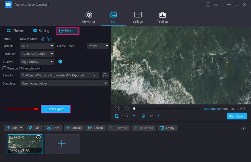 Klicken Sie auf Start Export, um Ihr Video zu speichern