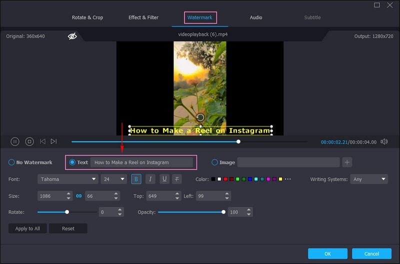 Klicke auf die Schaltfläche „Edit“ und wähle „Watermark“