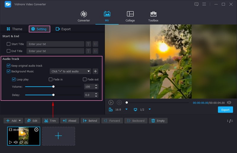 Klicke auf die Option „Settings“ und gehe zum „Audio Track“