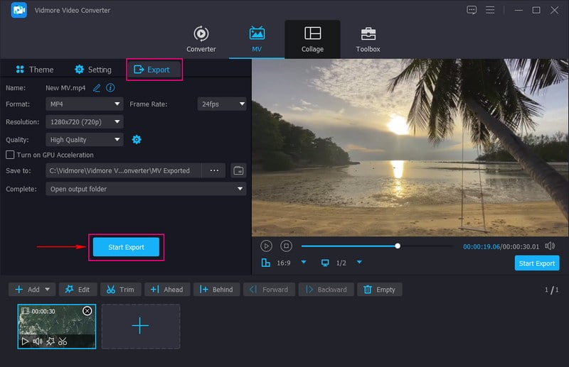 Klicke auf die Schaltfläche „Exportieren“ und ändere die Videoeinstellungen