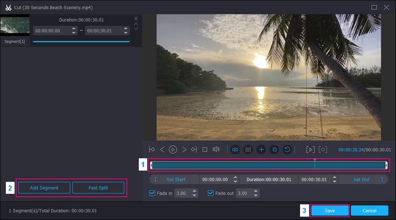 Vom Timeline-Bereich aus trimmen – Segment hinzufügen und Schnell teilen