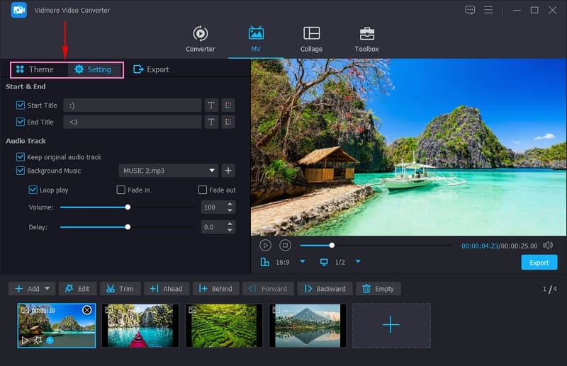 Du kannst dein gewünschtes Theme, Titel und Hintergrundmusik hinzufügen