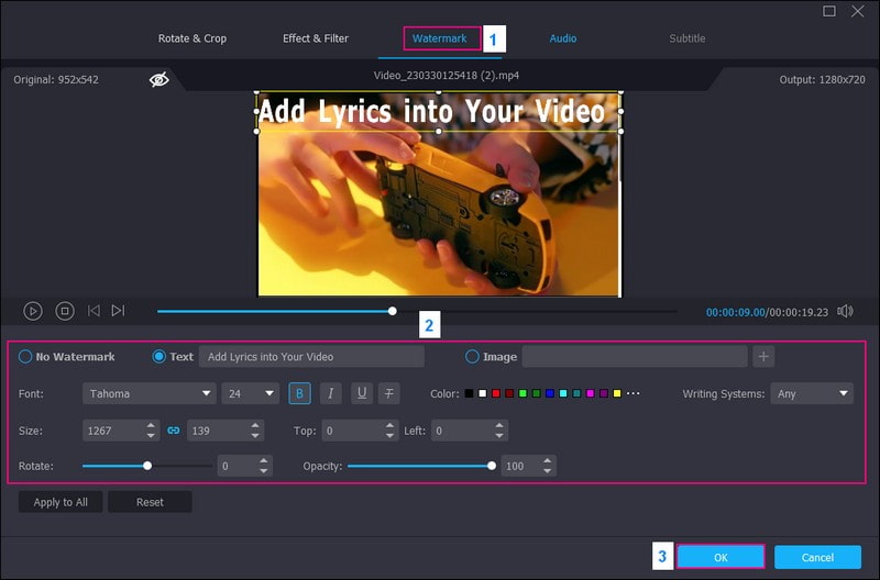 Wechsle zum Wasserzeichen und aktiviere die Text-Option