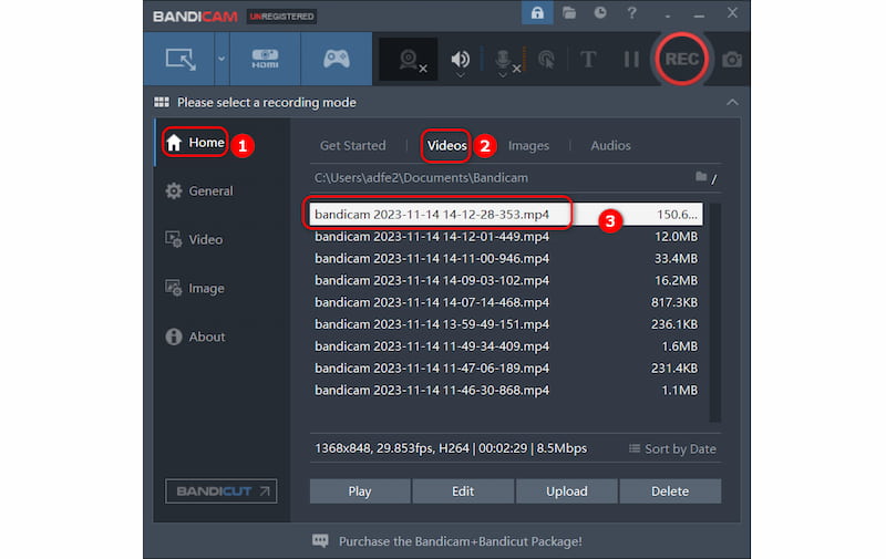 Die Aufnahme in Bandicam finden