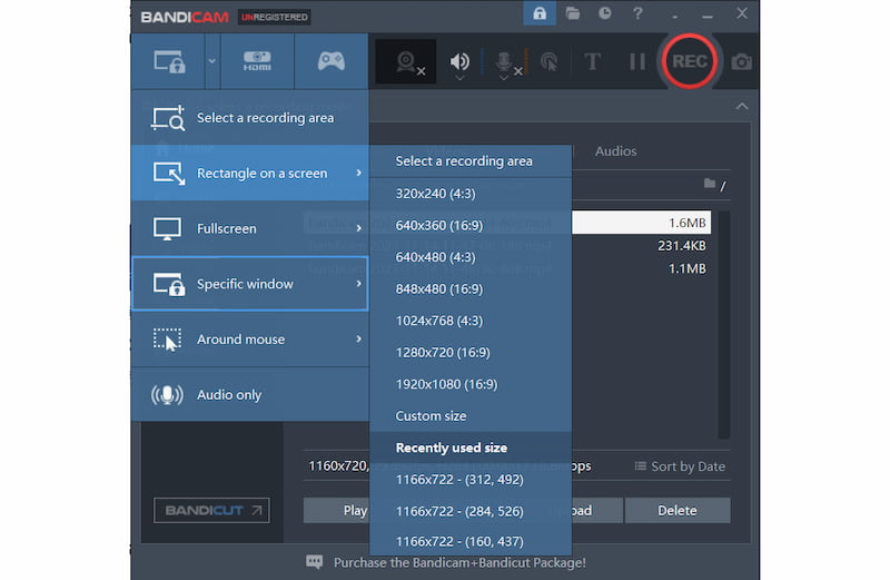 In Bandicam einen Aufnahmebereich auswählen