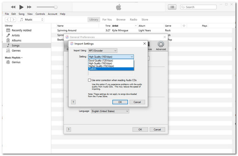 iTunes – Import‑KBPS‑Einstellungen