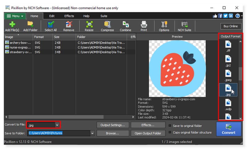 Pixillion Ausgabeformat wählen