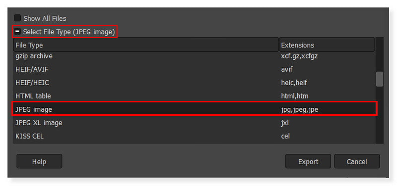 GIMP Ausgabeformat wählen