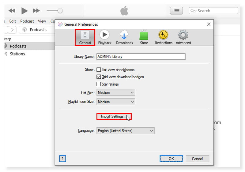 iTunes Importeinstellungen