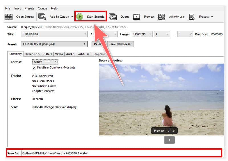HandBrake: WEBM-Datei-Encoding starten