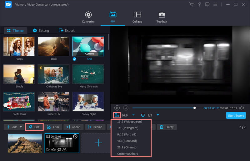 Seitenverhältnis wählen und mit der Bearbeitung fortfahren
