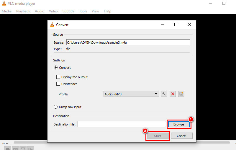 Optionen „Durchsuchen“ und „Start“