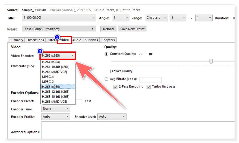 HandBrake: MOV-Videocodec festlegen