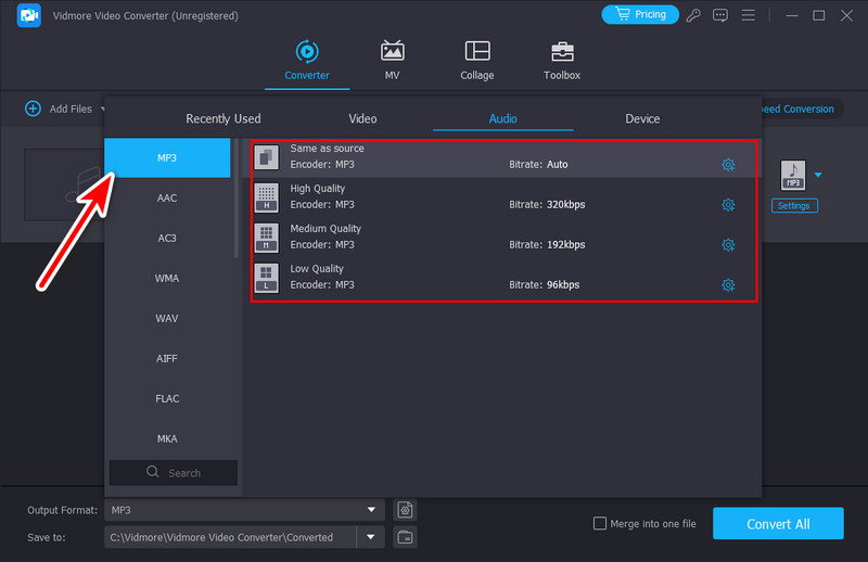 Audioqualität auswählen