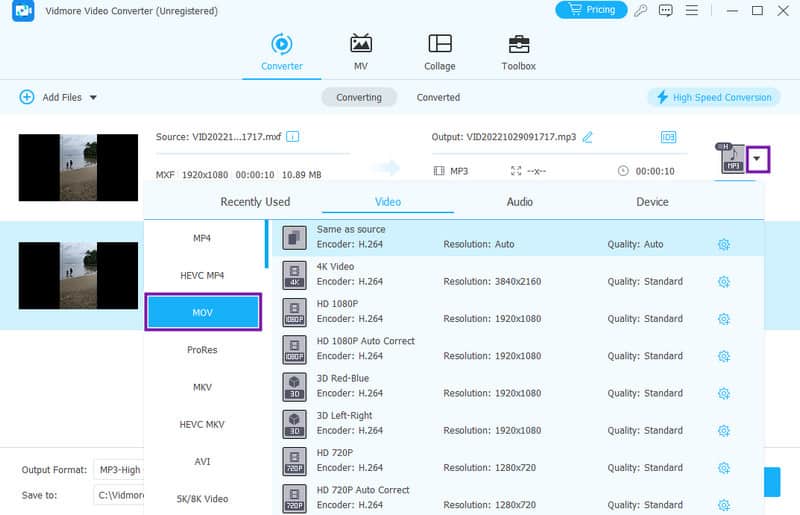 Vidmore MXF MOV Dateien festlegen