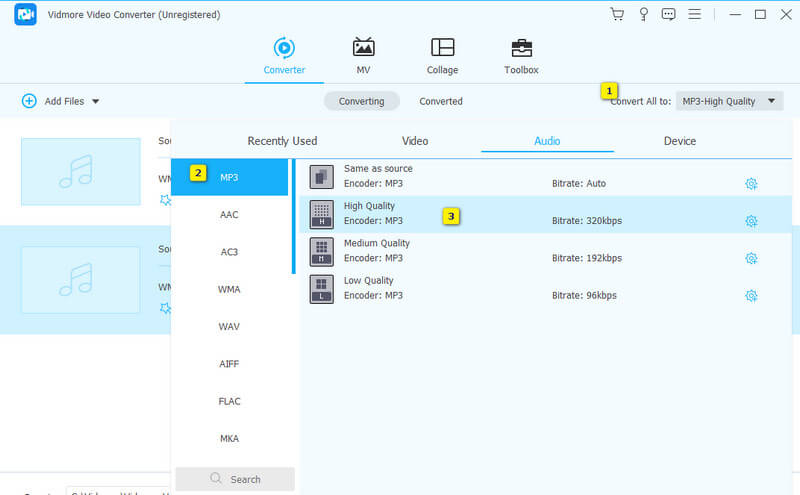 WMA in MP3 umwandeln Vidmore Einstellen