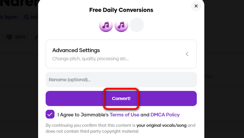 Jammable Schaltfläche „Convert“ klicken