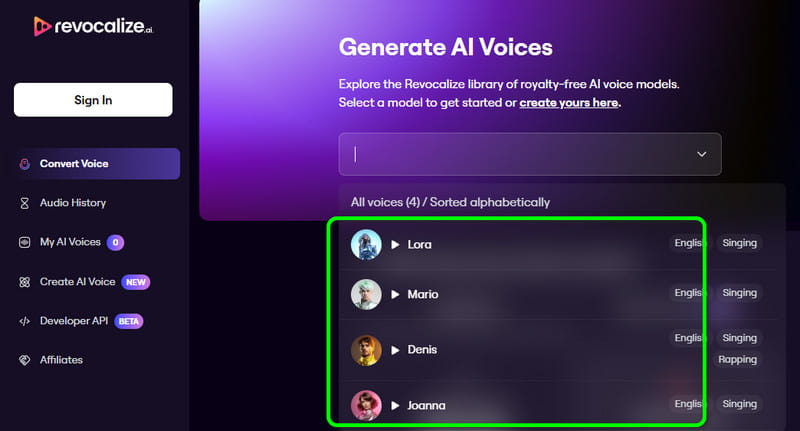 Revocalize Sprachoption