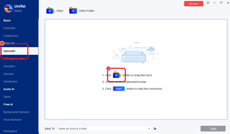 Bereich „Upscaler“ – Video hinzufügen