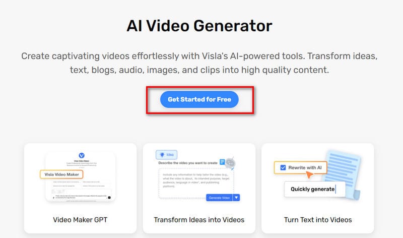 Visla KI Video-Generator-Seite
