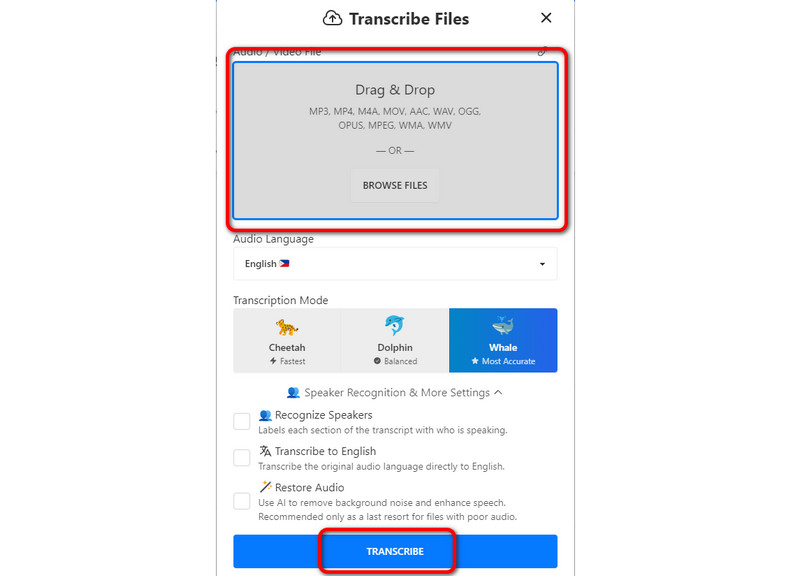Schaltfläche „Datei hinzufügen und transkribieren“