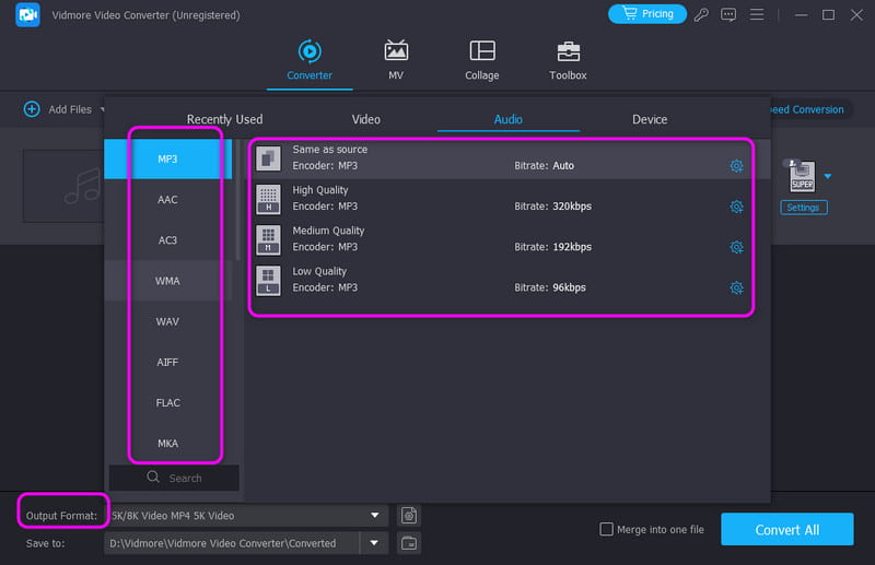 Bevorzugte Audioqualität wählen