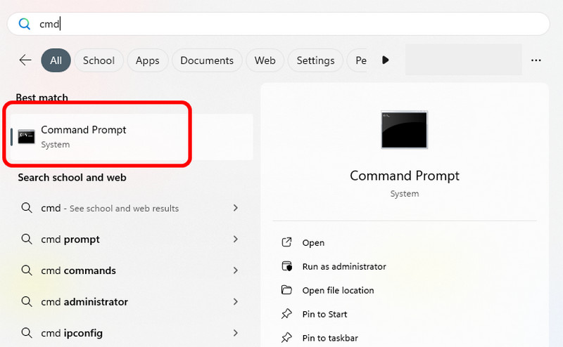 Im Suchfeld „cmd“ eingeben
