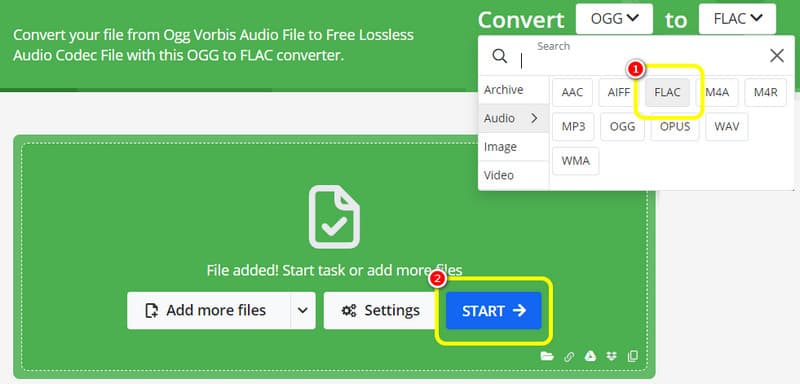FLAC-Format wählen und starten Onlineconvert