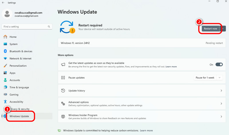 Auf „Windows Update – Neu starten“ klicken