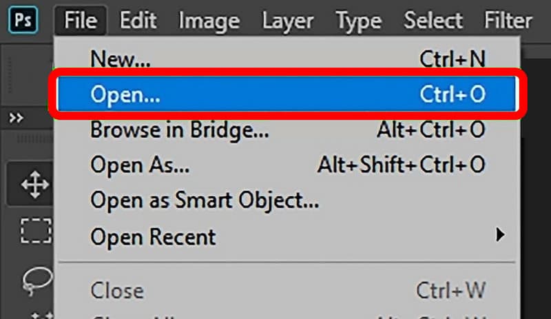 Auf Datei > Öffnen klicken, Bild hinzufügen Photoshop