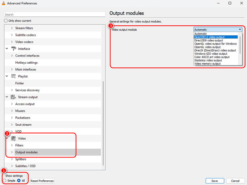 Einstellungen anzeigen Ausgabemodul ändern VLC