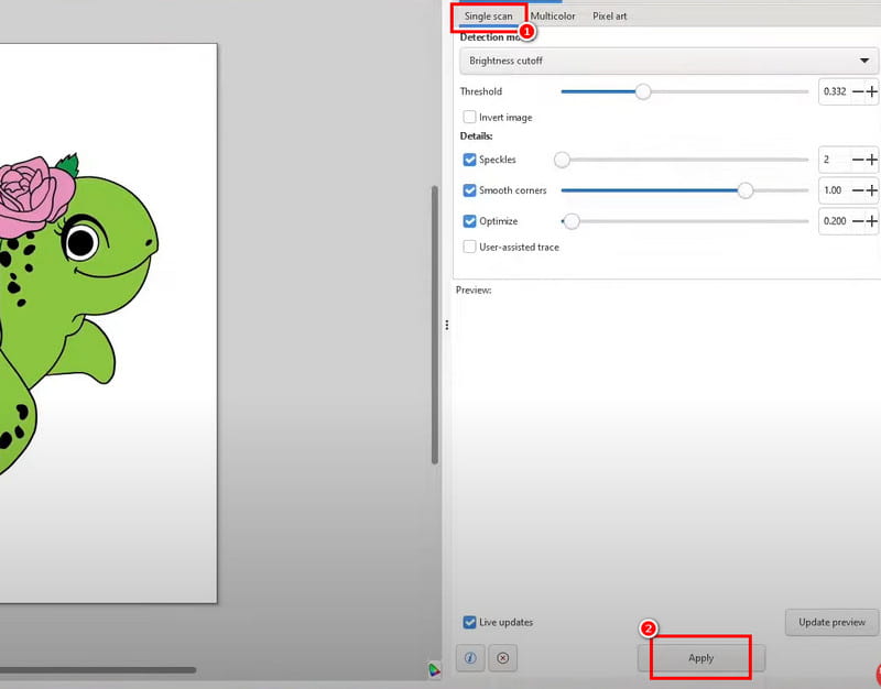 Einzelscan – Aktualisieren – Anwenden – Inkscape